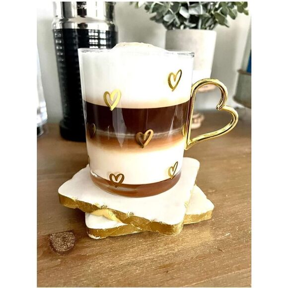 Valentines glass heart handle coffee mug clear with gold hearts set of 2 - Picture 1 of 13